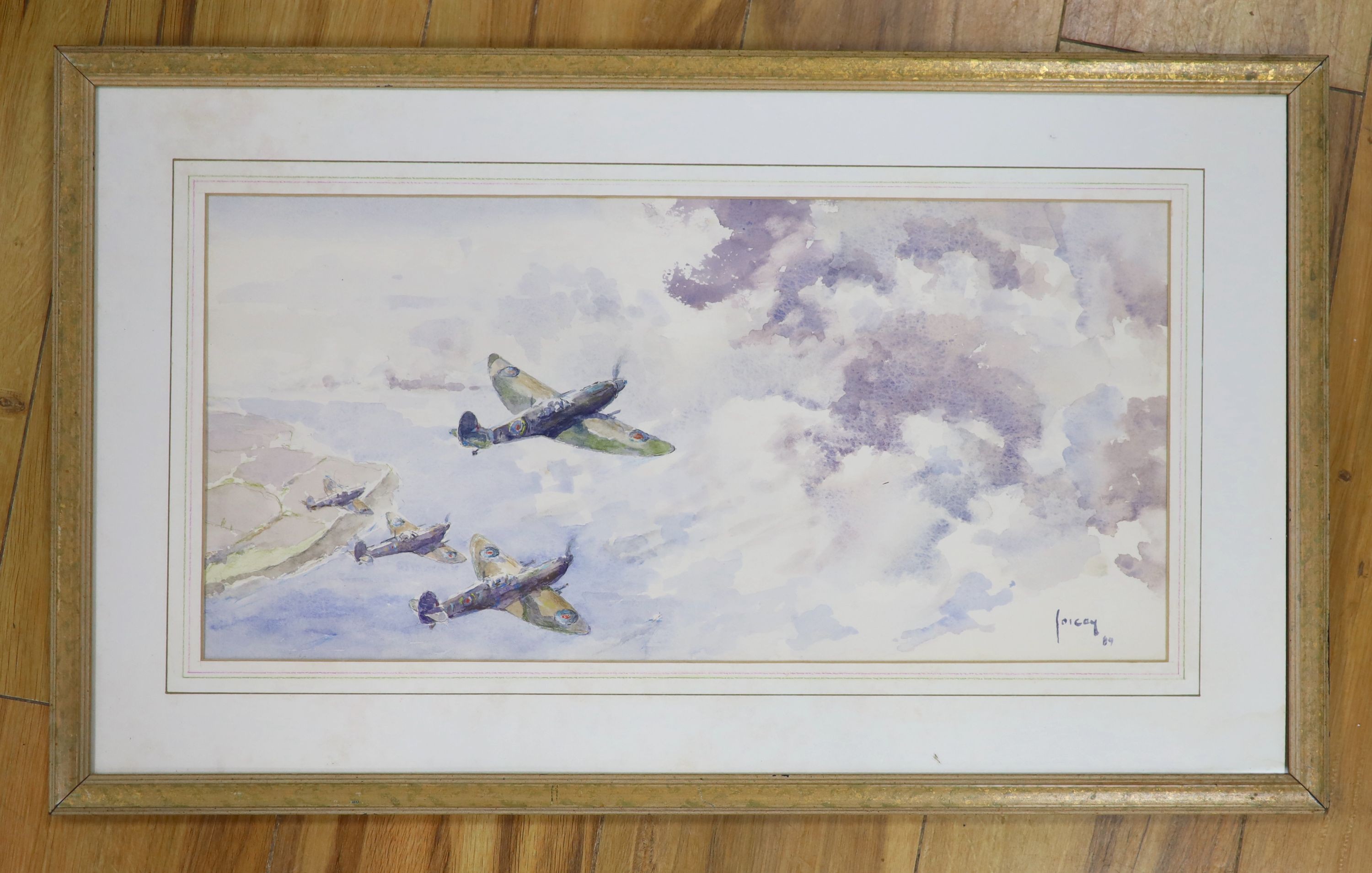 Richard Joicey, watercolour, Spitfires in flight, signed and dated '89, 23 x 48cm